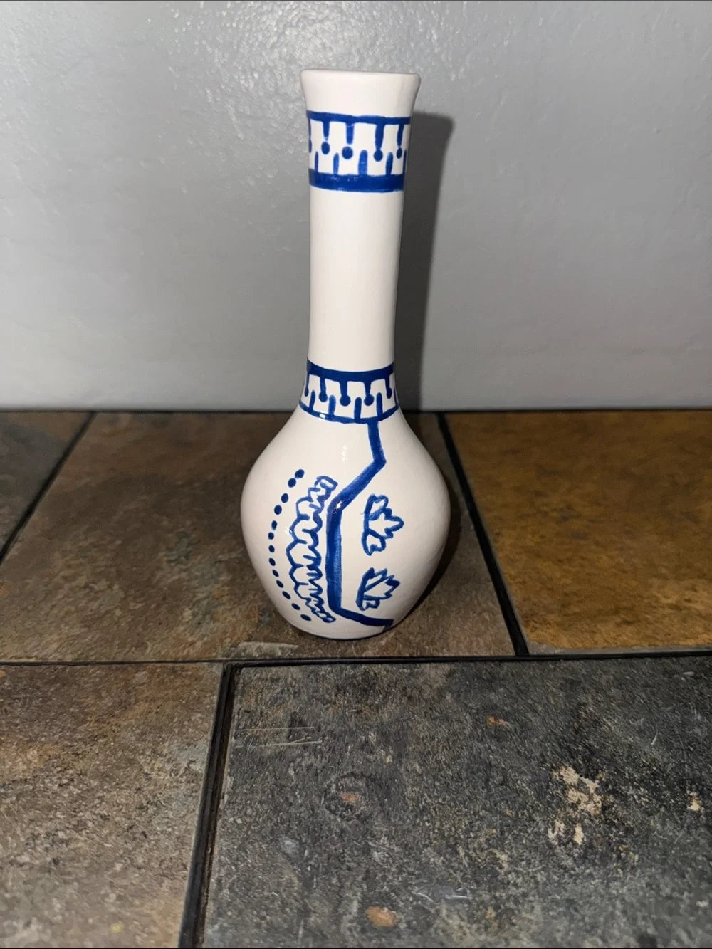 Hand Painted Blue and White Ceramic Bud Vase Folk Art Geometric Pattern 7.5